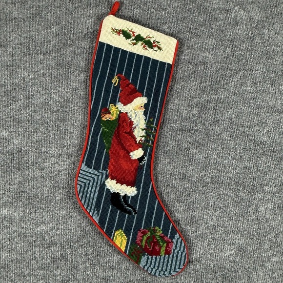 Vintage Needlepoint Christmas Stocking Wool Santa St Nick Tree Gifts Blue Red - Picture 1 of 7